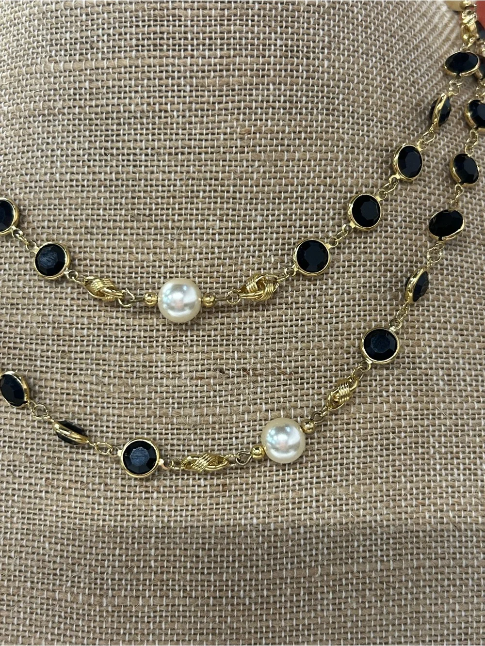 Gorgeous vintage Swarovski long layering necklace black crystal and faux pearls.